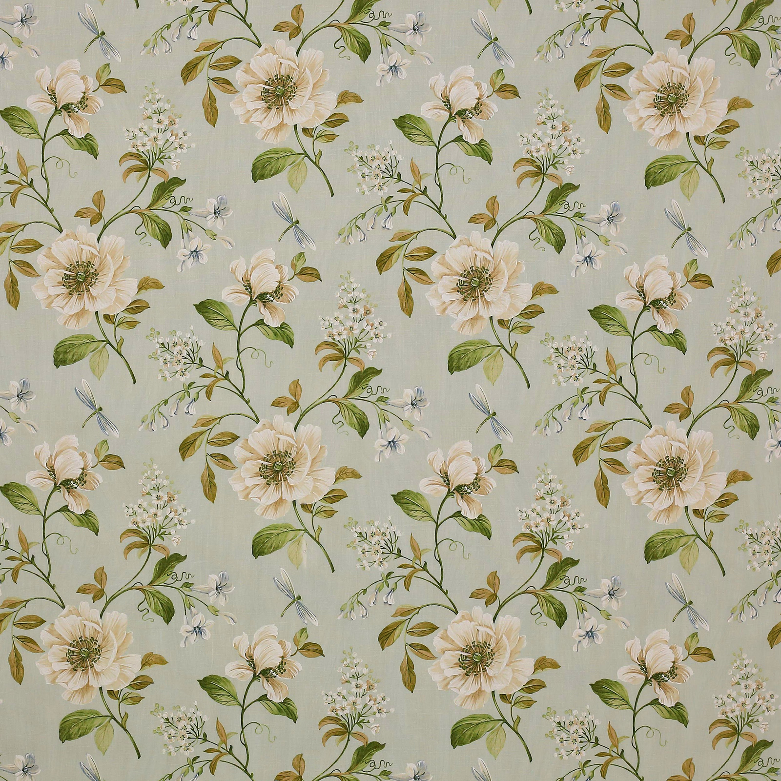 Soft sage-blue linen with cream floral sprigs and green leafy stems
