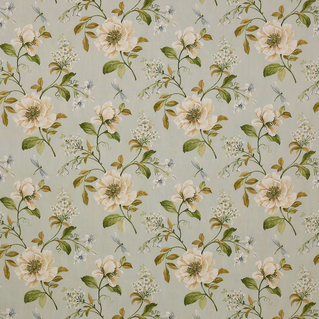 Soft sage-blue linen with cream floral sprigs and green leafy stems