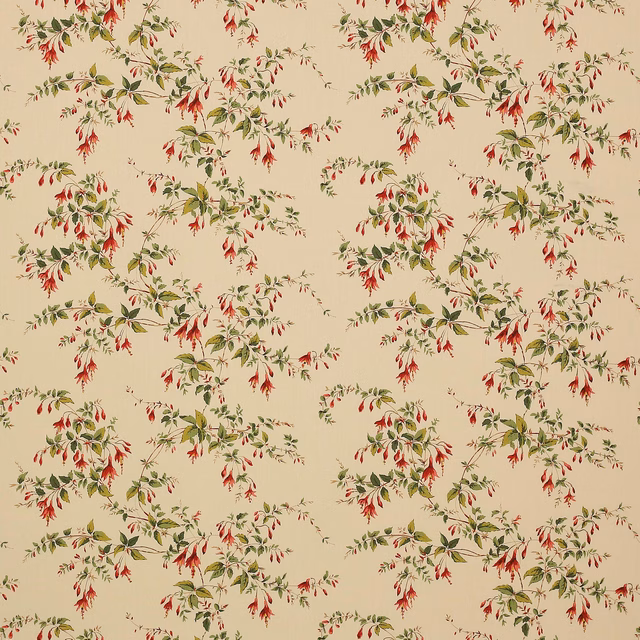 Floral linen fabric with fuchsia red blossoms and green leaves on ivory