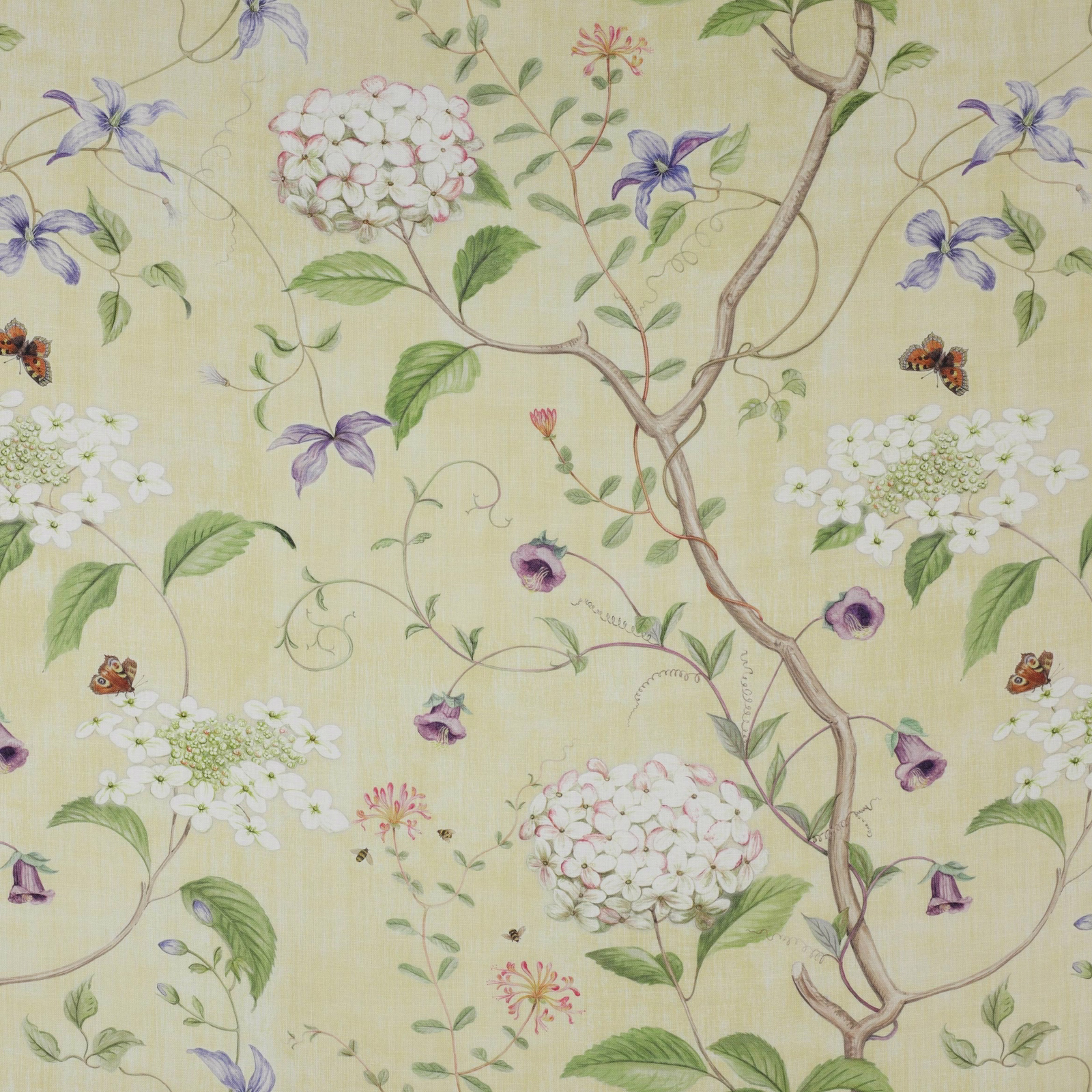 Pale yellow linen fabric with botanical flowers, lilac petals and green leaves