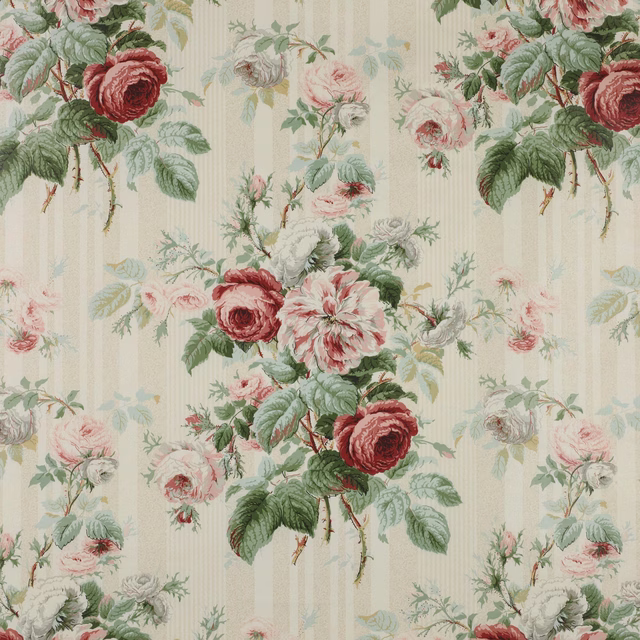 Large rose and blossom floral print in pink, green and ivory on a striped ground