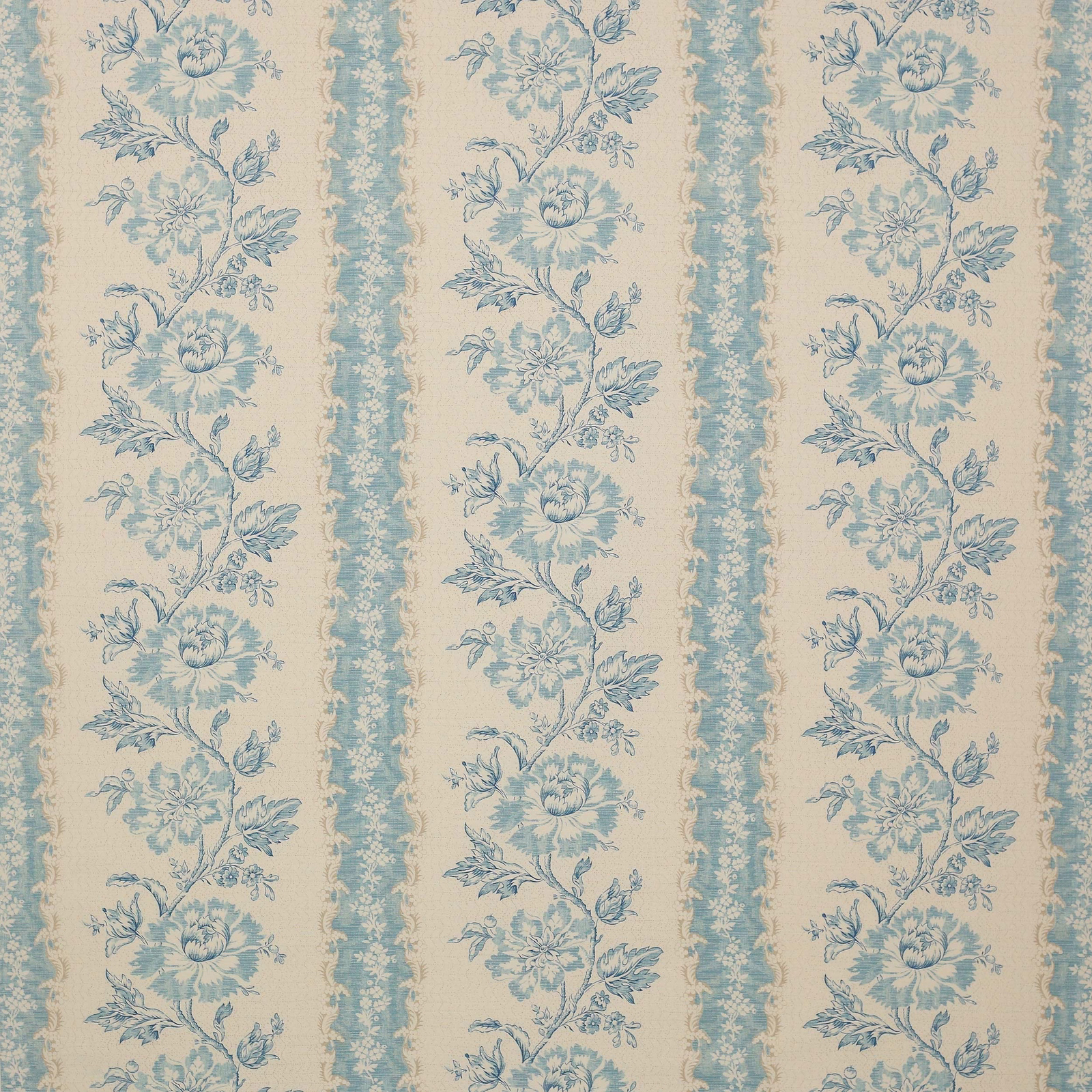 Cream fabric with vertical aqua floral stripes and scalloped bands