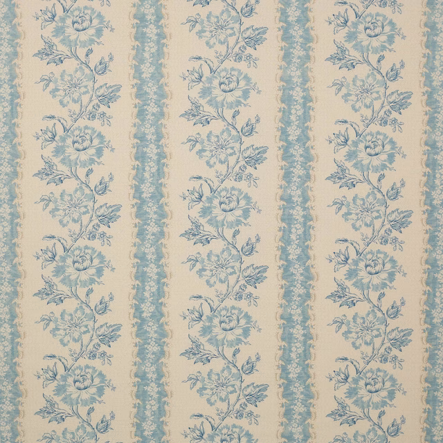 Cream fabric with vertical aqua floral stripes and scalloped bands