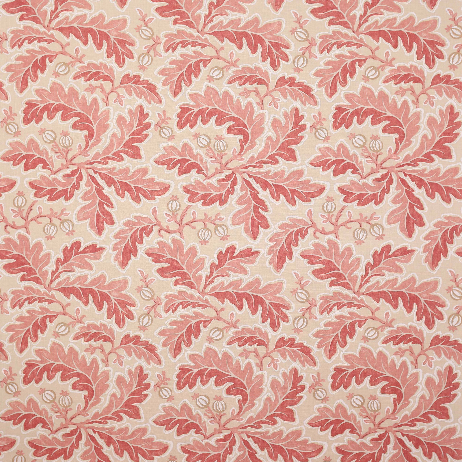 Coral-red foliate print on a pale linen ground, large repeating motif