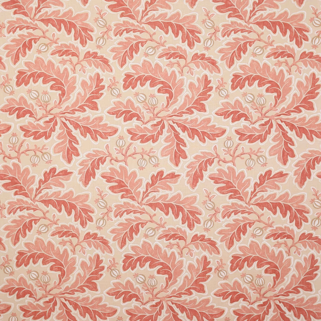 Coral-red foliate print on a pale linen ground, large repeating motif