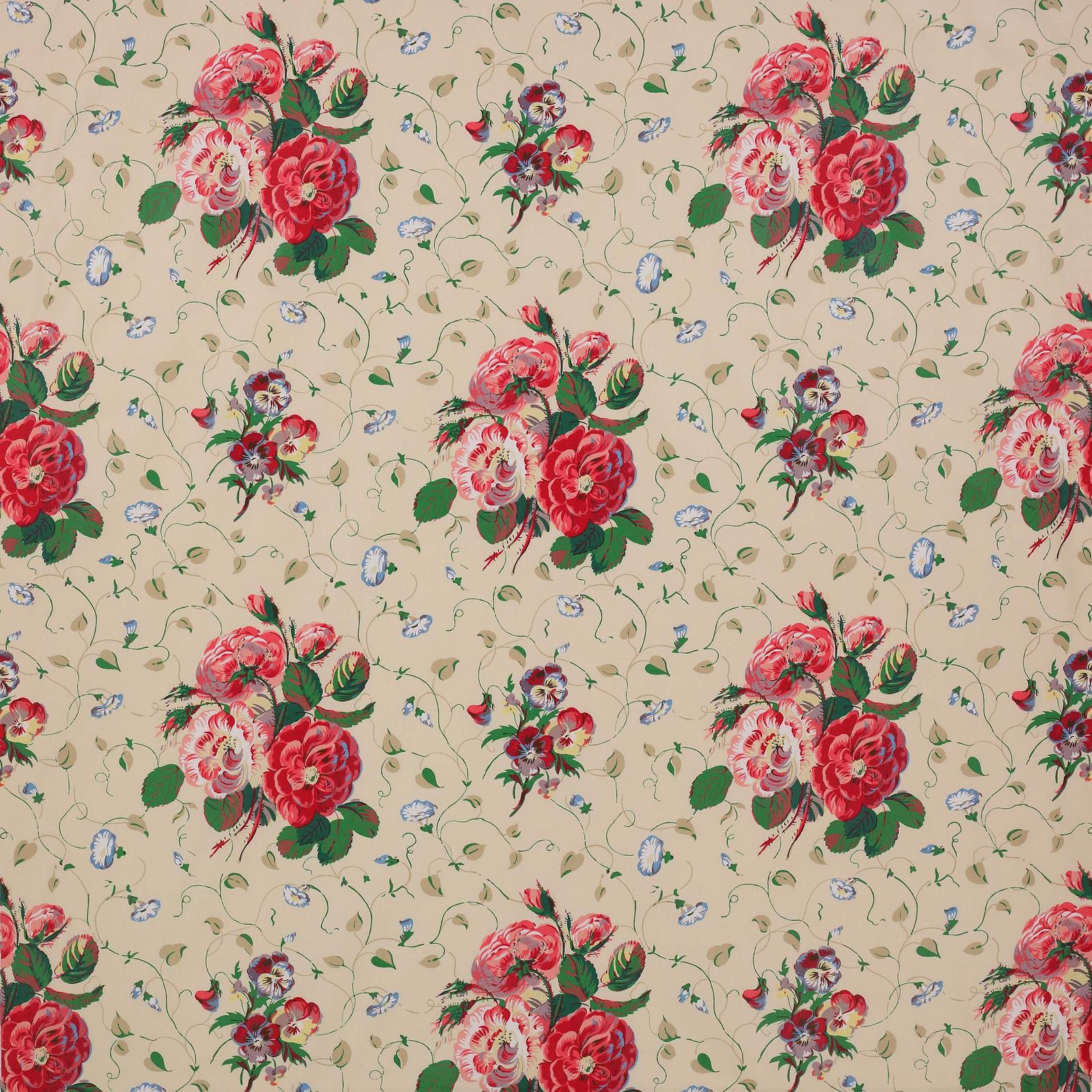 Cream floral fabric with red rose bouquets, green leaves and blue sprigs