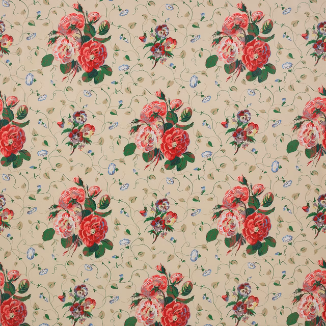 Cream floral fabric with red rose bouquets, green leaves and blue sprigs