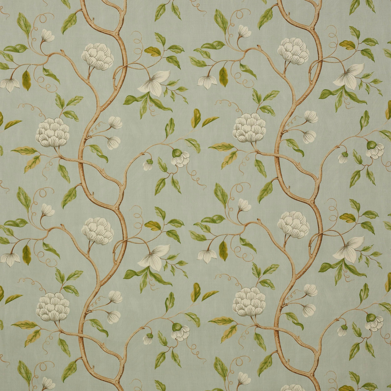 Pale aqua linen fabric with climbing tree branches, white blossoms and green leaves