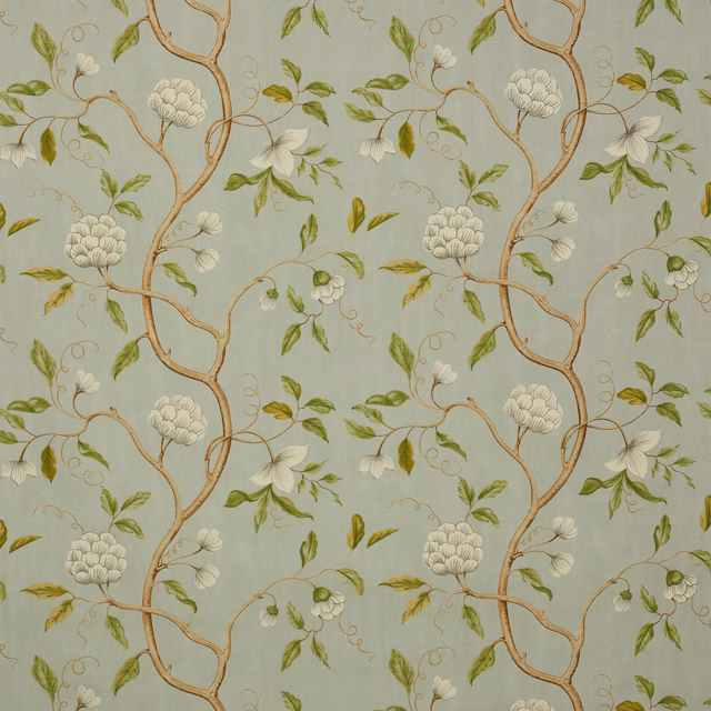 Pale aqua linen fabric with climbing tree branches, white blossoms and green leaves