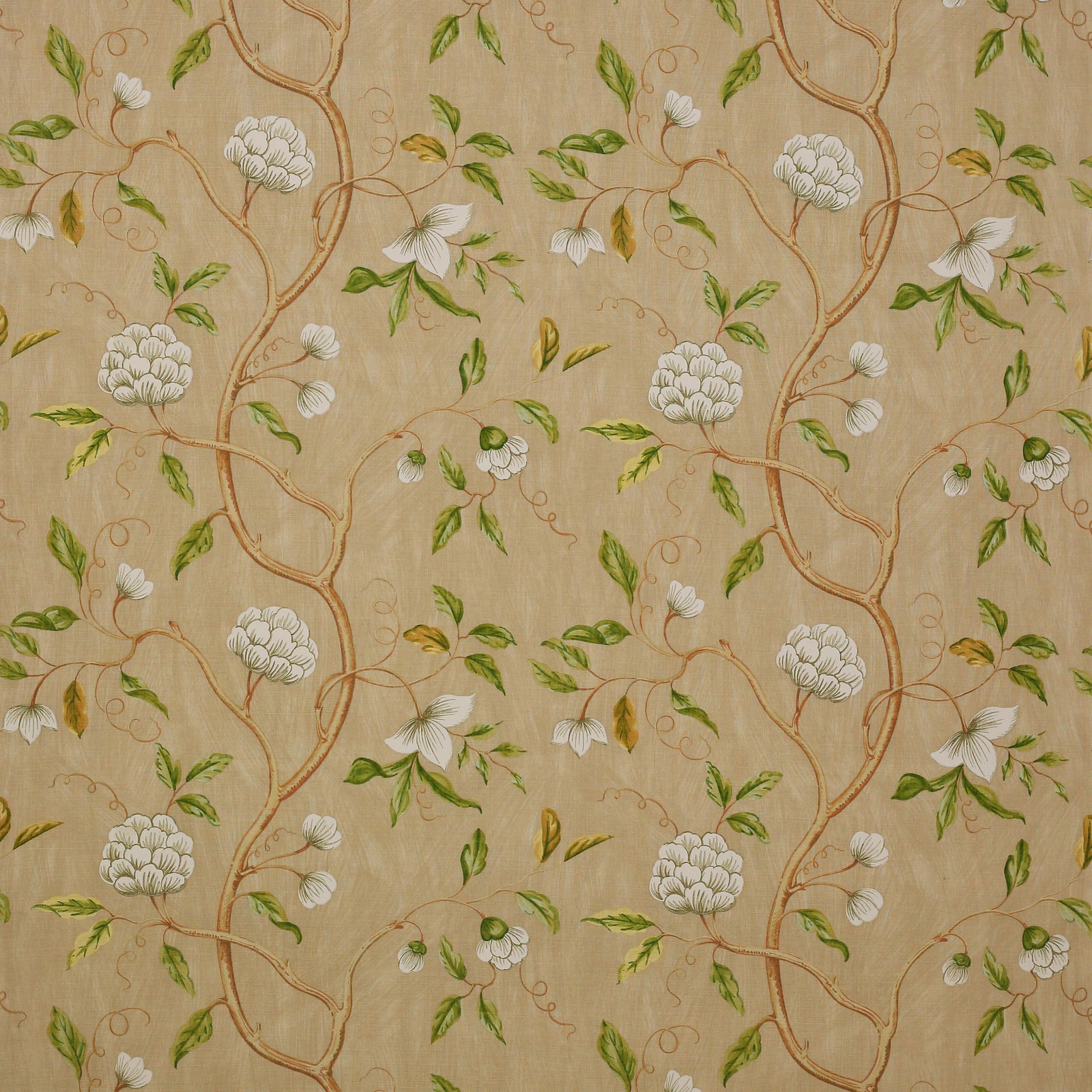 Beige linen fabric with trailing tan branches, white flowers and green leaves