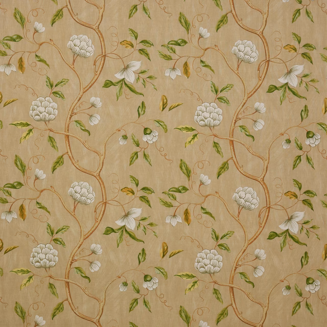 Beige linen fabric with trailing tan branches, white flowers and green leaves