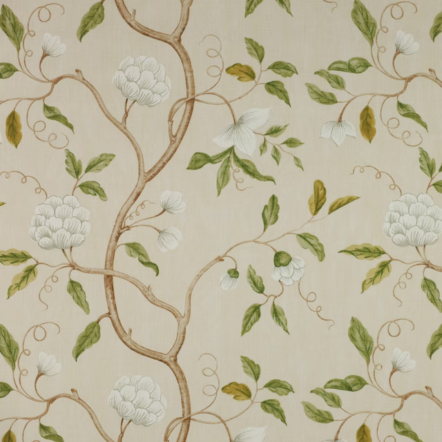 Cream linen fabric with trailing branches, white blossoms and green leaves