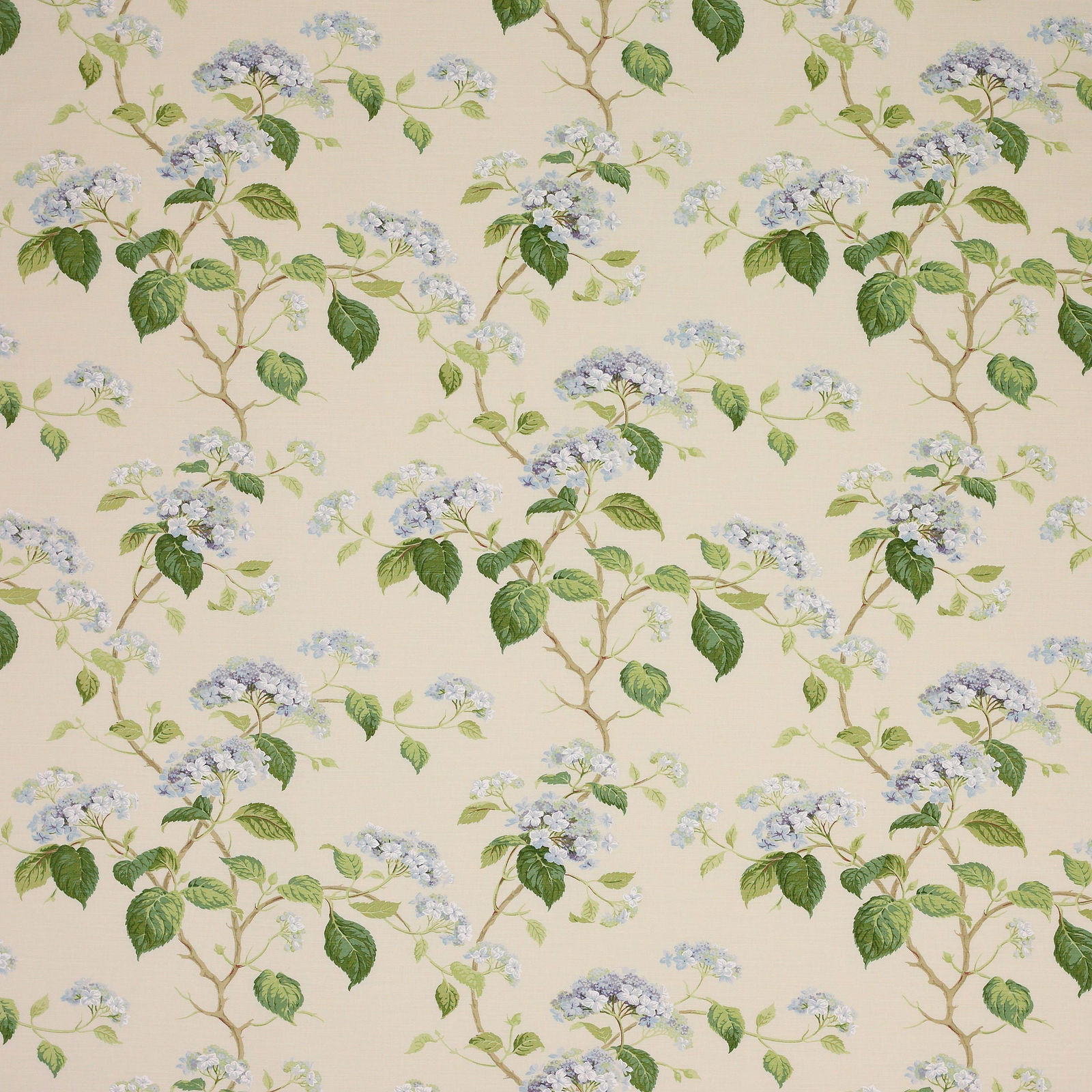 Cream floral fabric with pale blue blossoms and green leafy stems