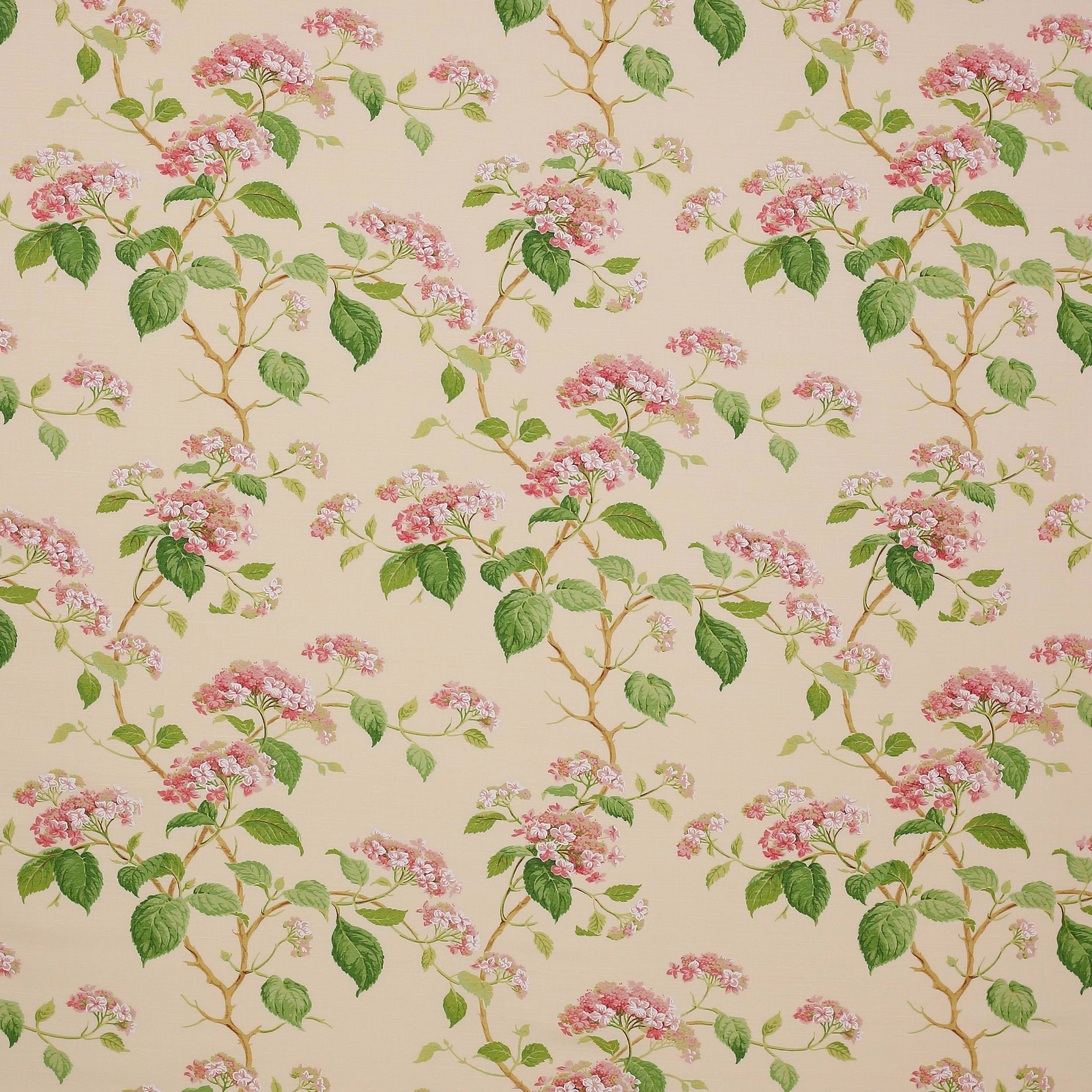 Cream ground floral fabric with pink blossom clusters and green leaves