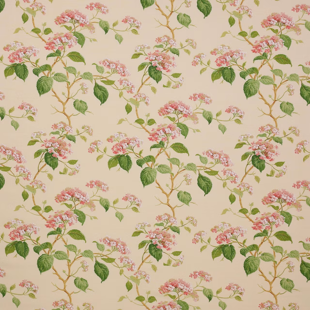 Cream ground floral fabric with pink blossom clusters and green leaves