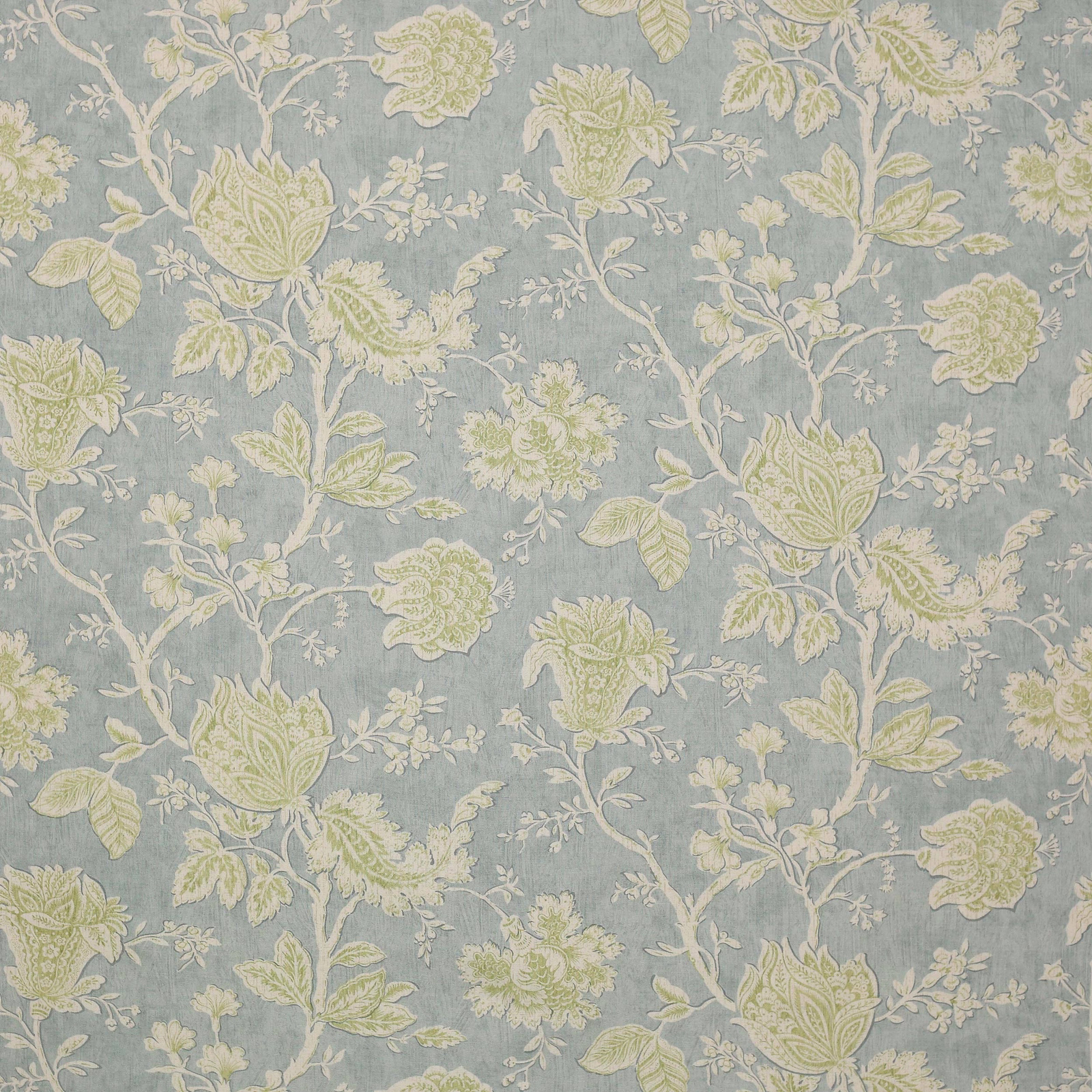 Pale aqua linen fabric with scrolling floral vine pattern in ivory and soft green