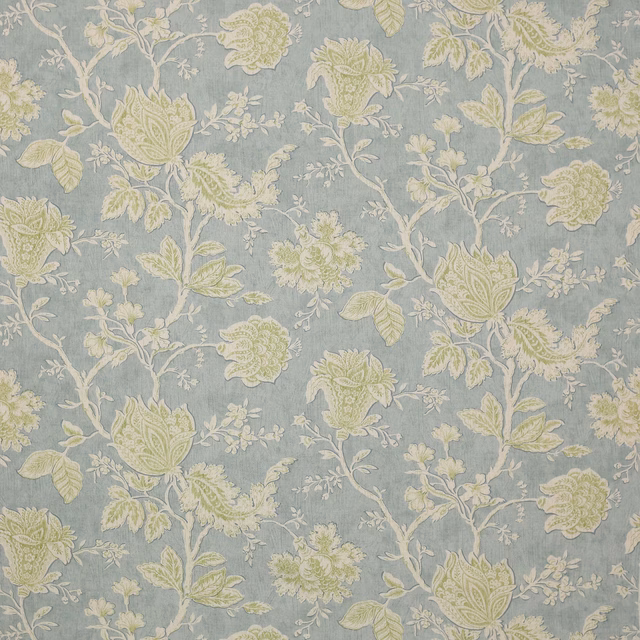 Pale aqua linen fabric with scrolling floral vine pattern in ivory and soft green