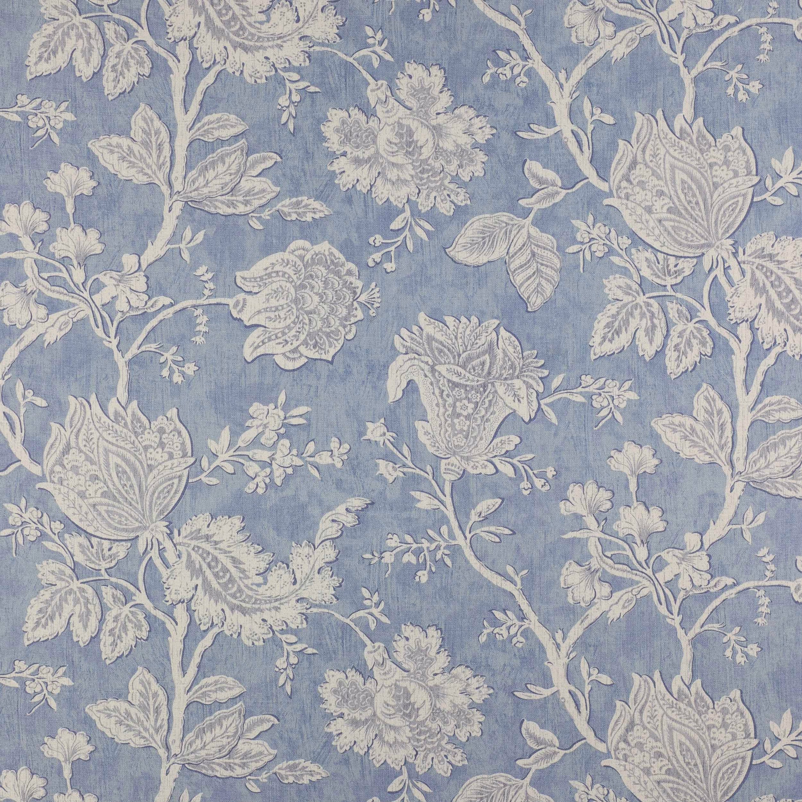 Pale blue linen fabric with large cream trailing floral motif