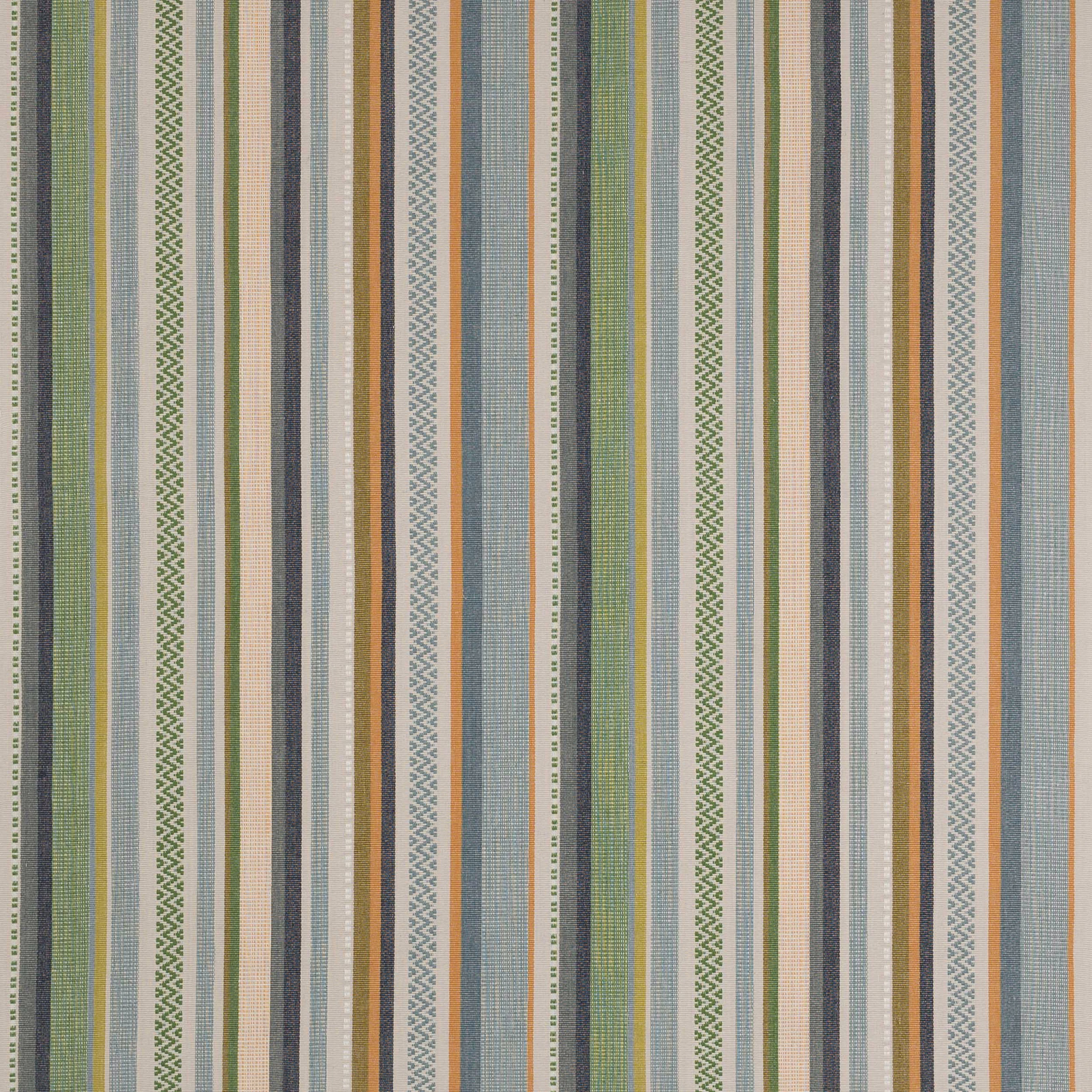 Vertical blue-green and cream striped cotton fabric with narrow woven accent bands