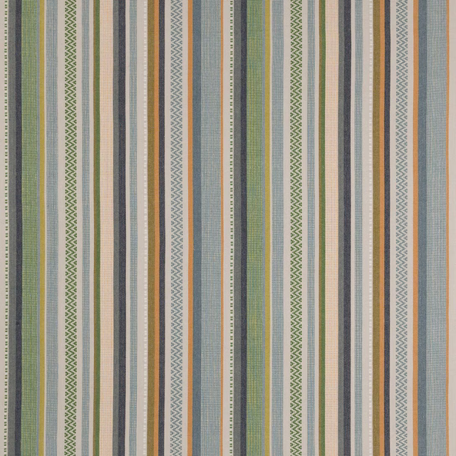 Vertical blue-green and cream striped cotton fabric with narrow woven accent bands
