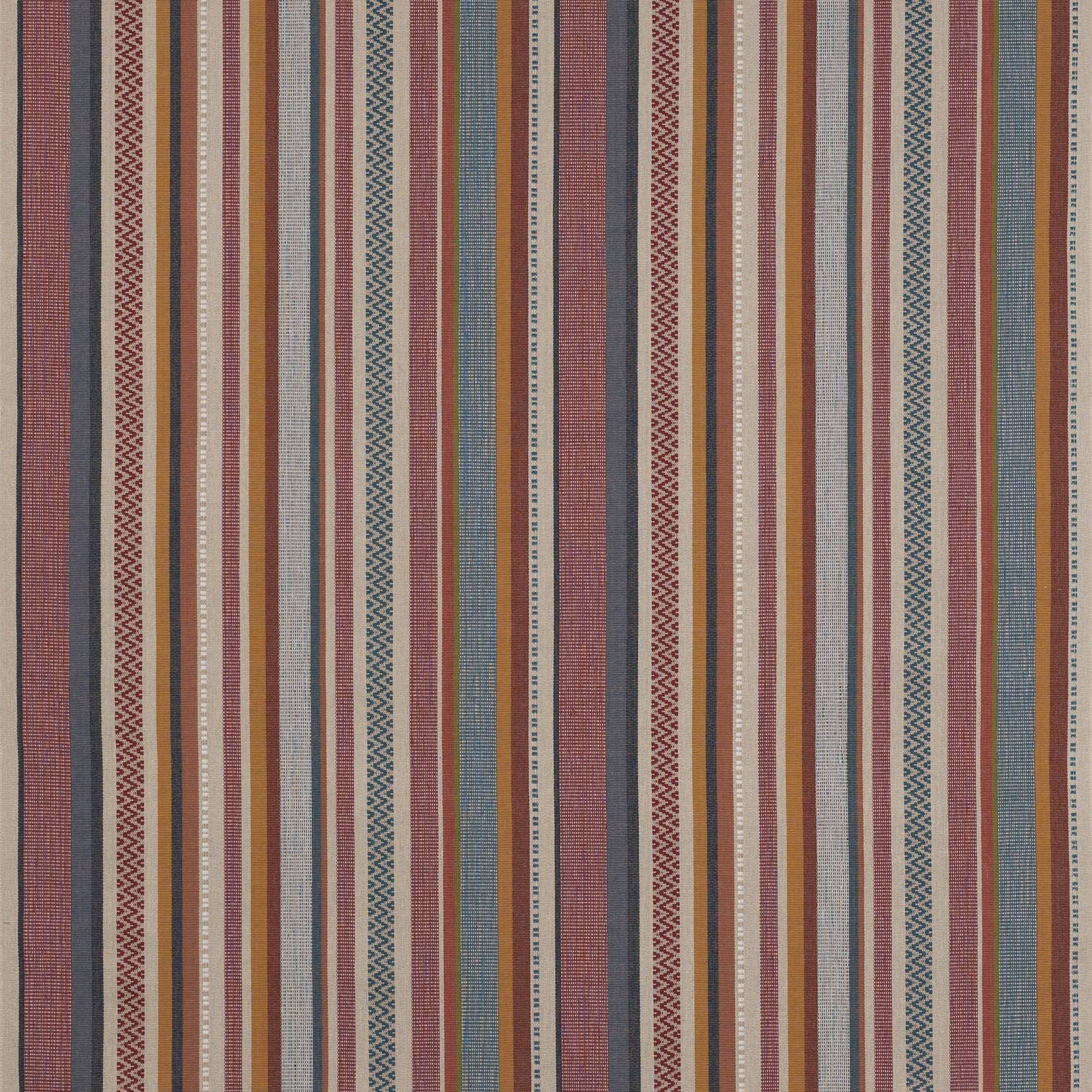 Vertical red, blue and neutral striped cotton fabric with narrow patterned bands