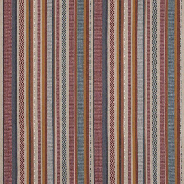 Vertical red, blue and neutral striped cotton fabric with narrow patterned bands