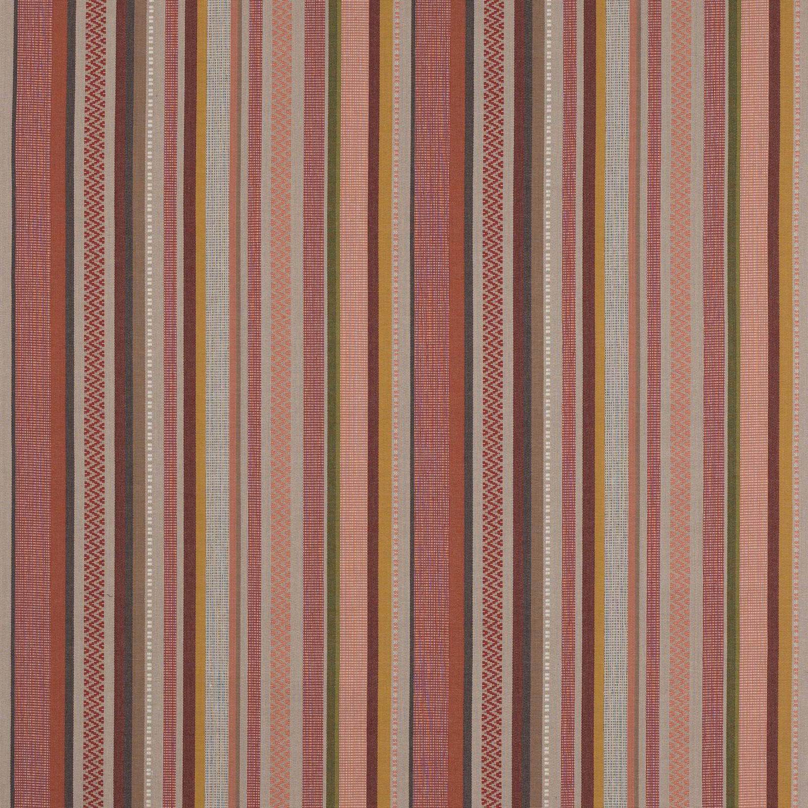 Vertical striped cotton fabric in muted red, coral, beige and grey tones