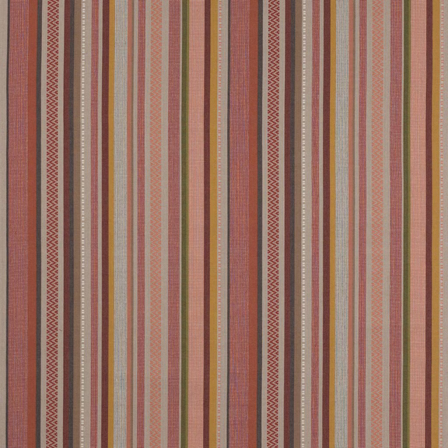 Vertical striped cotton fabric in muted red, coral, beige and grey tones