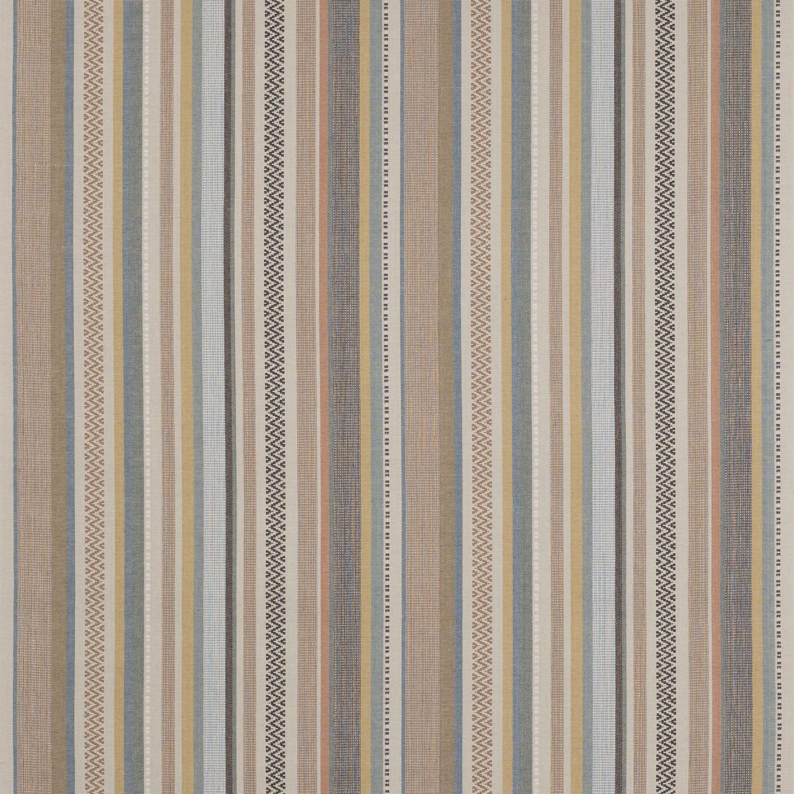 Vertical woven stripe fabric in soft blue, taupe, cream and pale grey