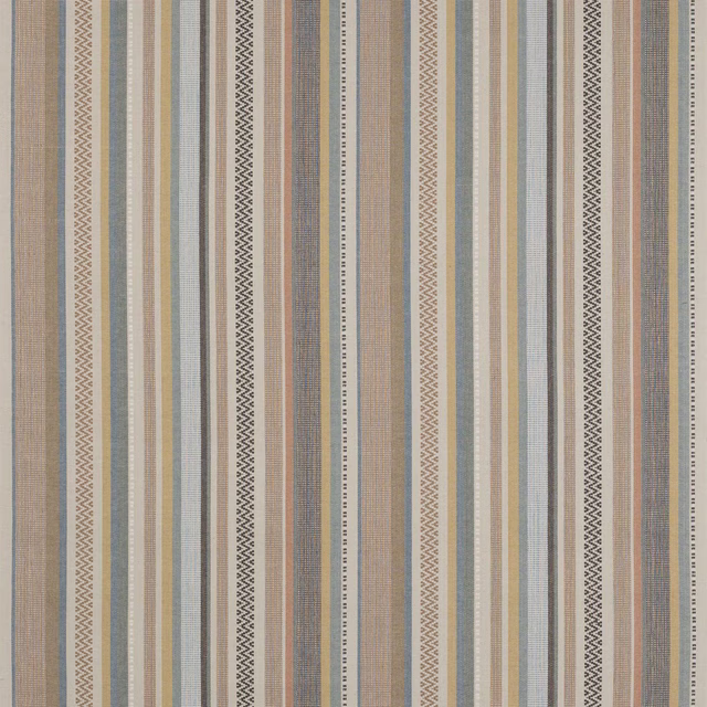 Vertical woven stripe fabric in soft blue, taupe, cream and pale grey