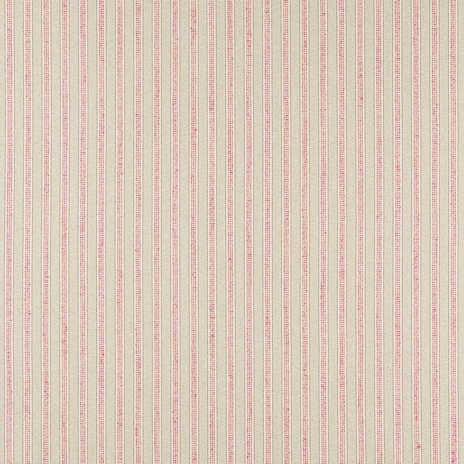 Pale ground fabric with narrow rose-red and green pinstripes in a fine woven texture