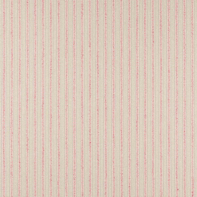Pale ground fabric with narrow rose-red and green pinstripes in a fine woven texture