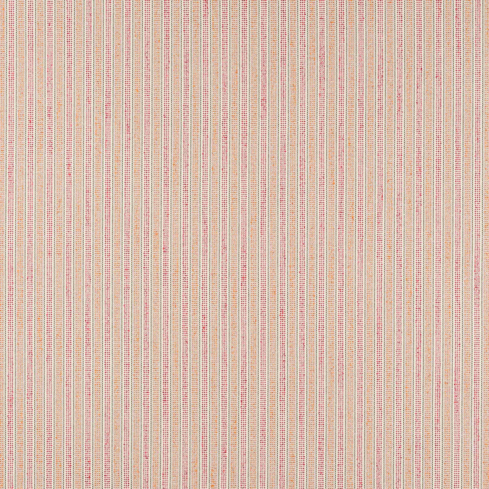 Vertical fine stripe fabric in soft coral red, cream and beige with a textured weave.