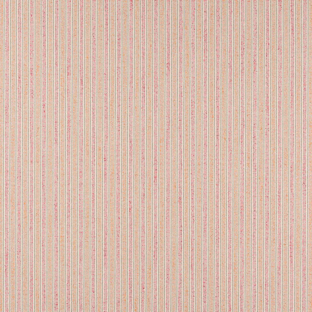 Vertical fine stripe fabric in soft coral red, cream and beige with a textured weave.