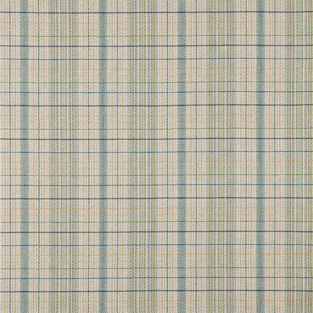 Pale checked woven fabric with navy lines and soft green stripes