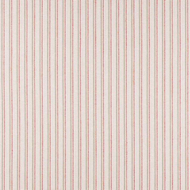 Fine red and muted green pinstripes on a warm cream woven fabric