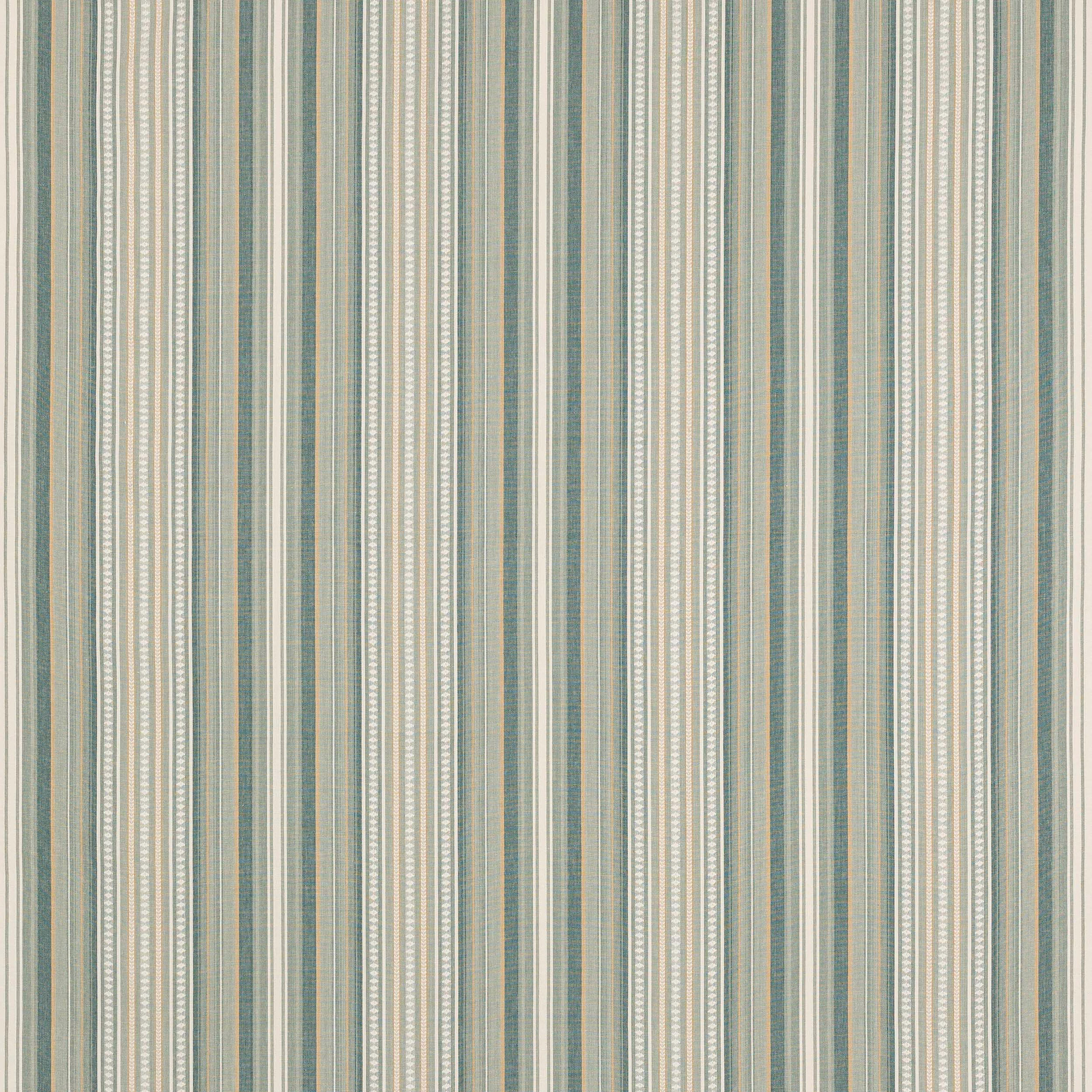 Vertical aqua, cream and sage pinstripes woven on a light cotton fabric swatch
