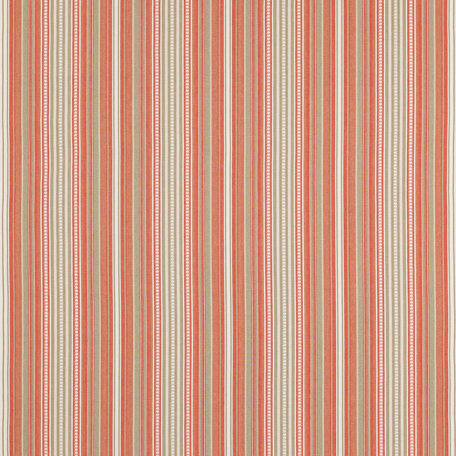 Vertical coral, cream and sand striped cotton fabric with fine woven texture