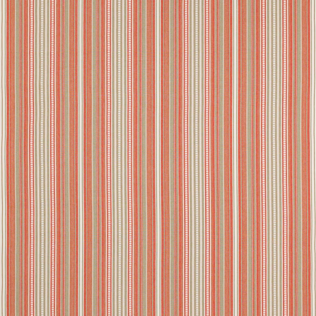 Vertical coral, cream and sand striped cotton fabric with fine woven texture