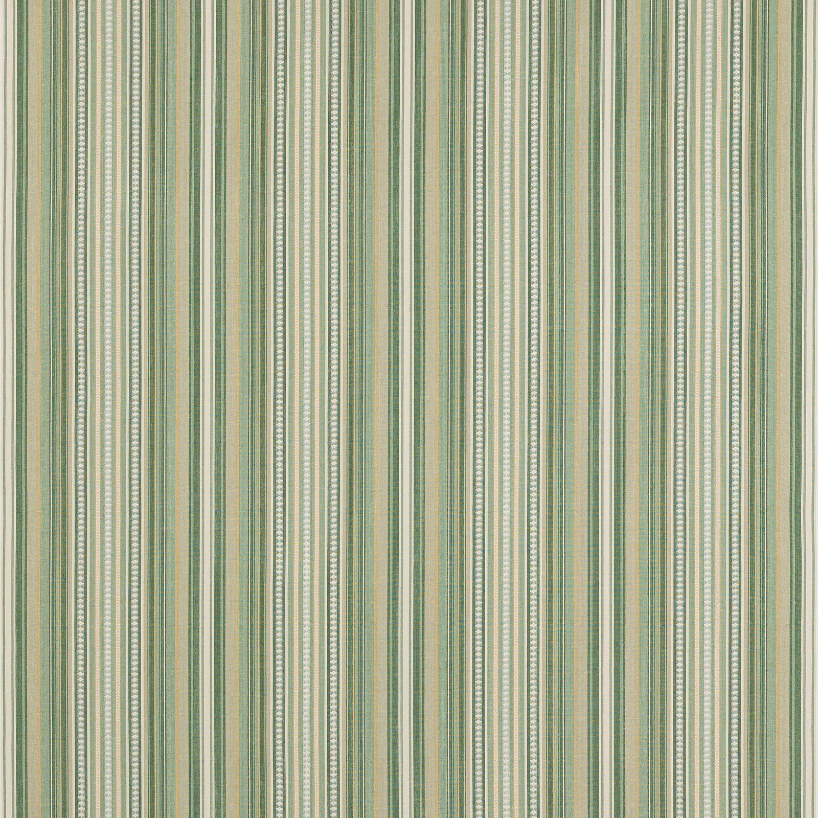 Vertical sage green and cream striped cotton fabric swatch with fine textured bands