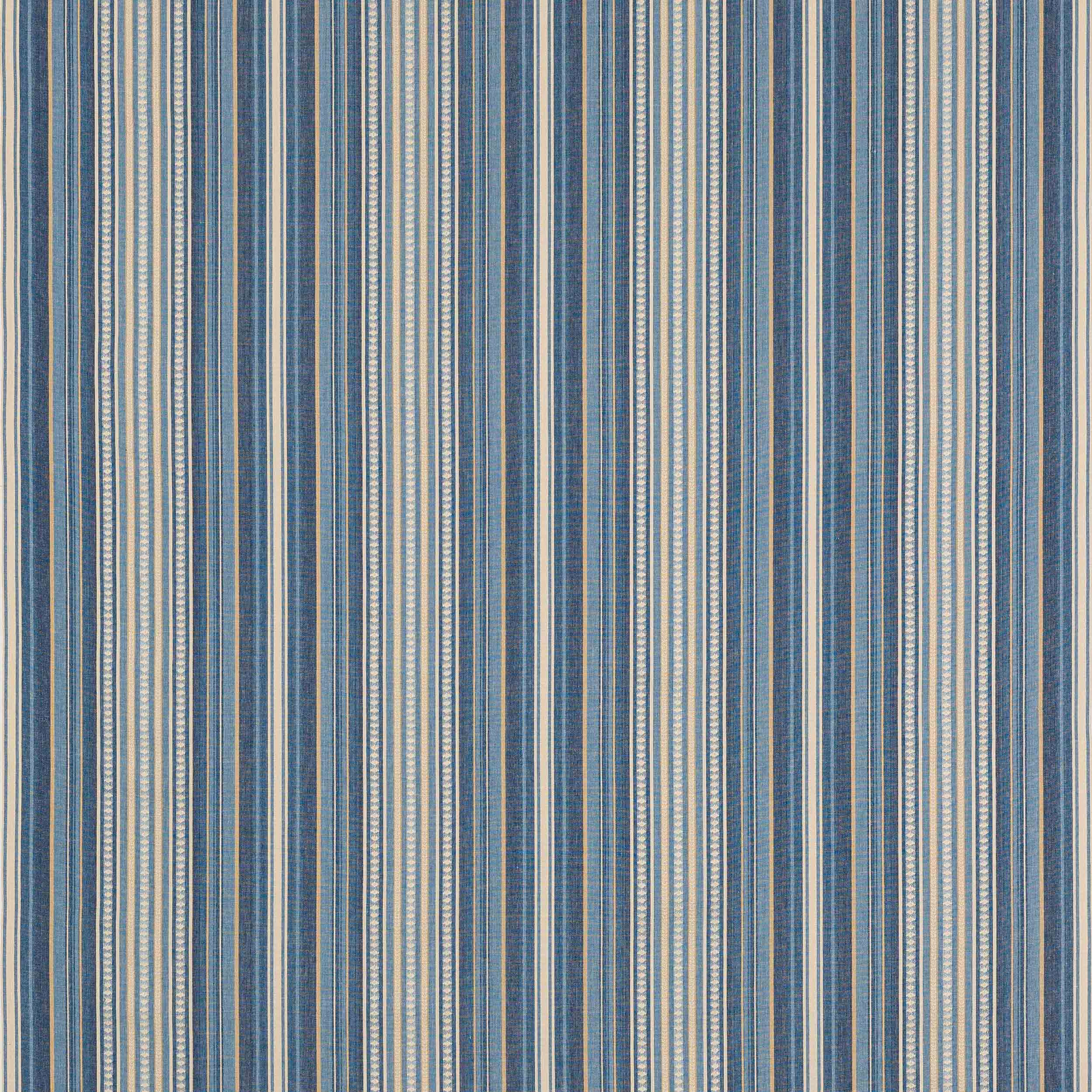 Vertical indigo and ivory striped cotton fabric with fine woven texture