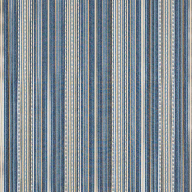 Vertical indigo and ivory striped cotton fabric with fine woven texture