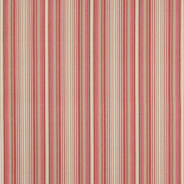 Vertical red, pink and cream striped cotton fabric swatch with fine woven texture