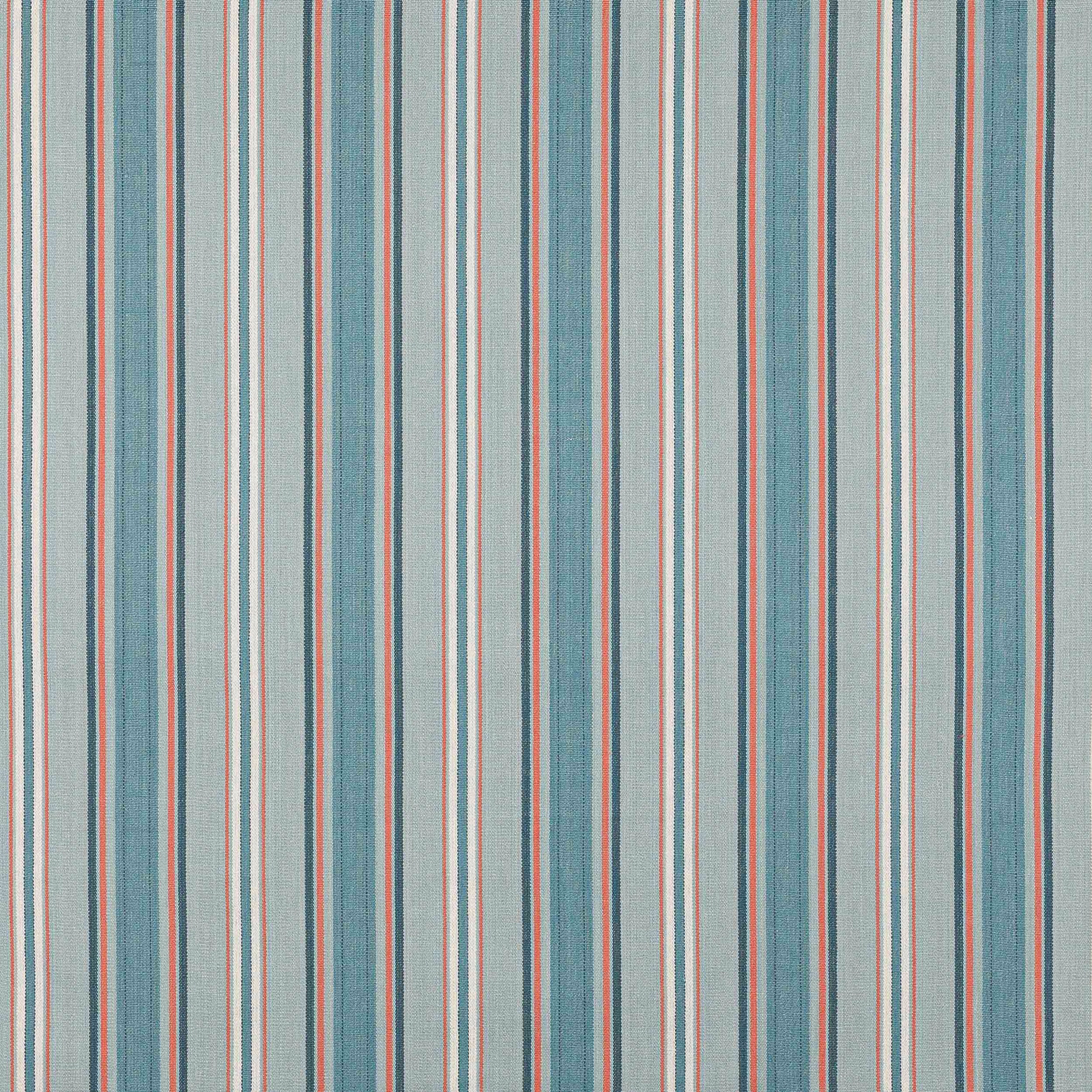 Vertical aqua, cream and coral stripes on a light cotton fabric swatch