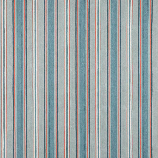 Vertical aqua, cream and coral stripes on a light cotton fabric swatch