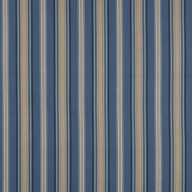Blue, taupe and cream vertical striped cotton fabric swatch