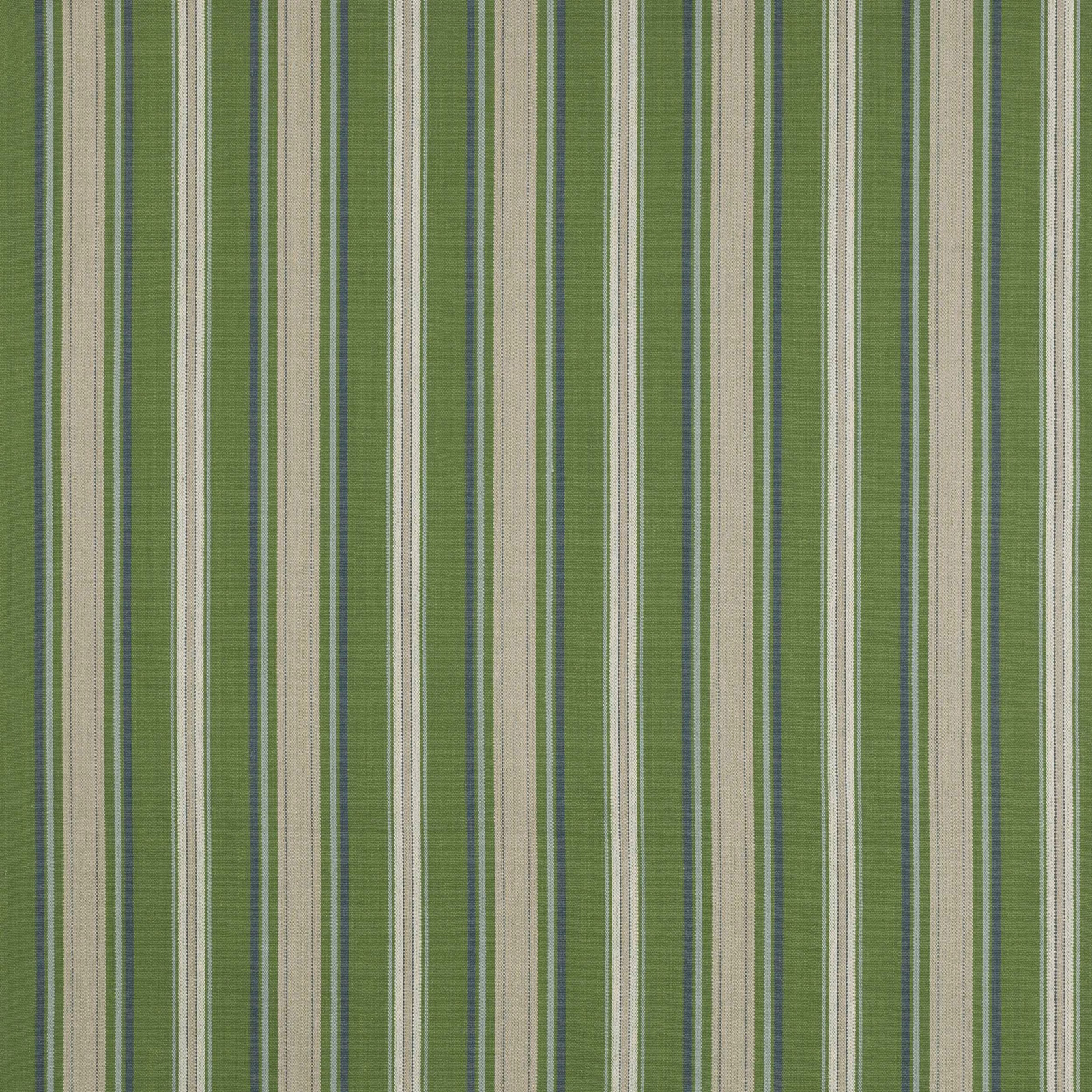 Vertical green and cream striped cotton fabric with fine teal pinstripes