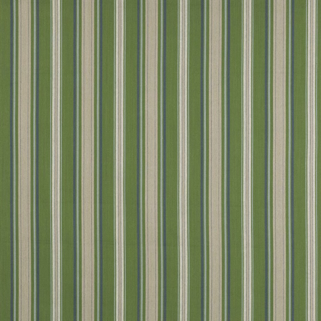 Vertical green and cream striped cotton fabric with fine teal pinstripes