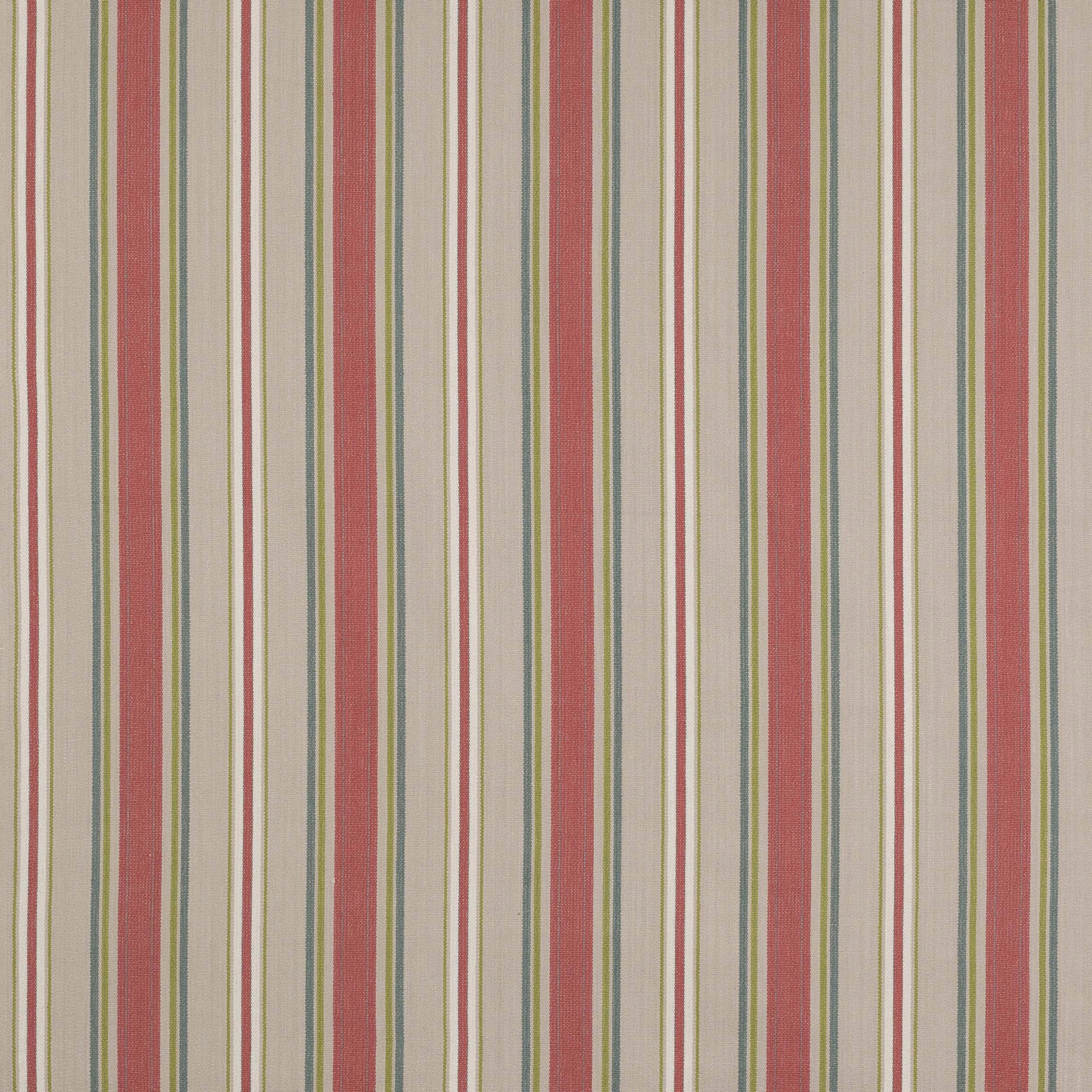 Vertical striped cotton fabric with coral red bands, sage green lines and a pale cream ground