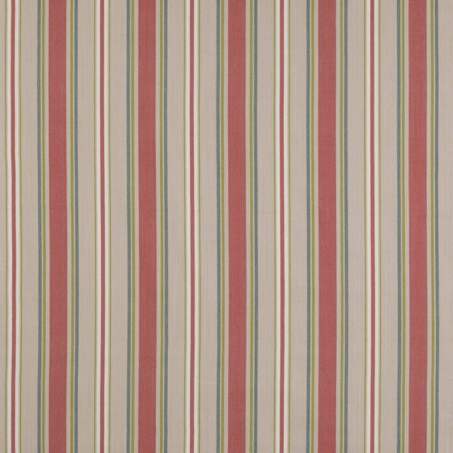 Vertical striped cotton fabric with coral red bands, sage green lines and a pale cream ground